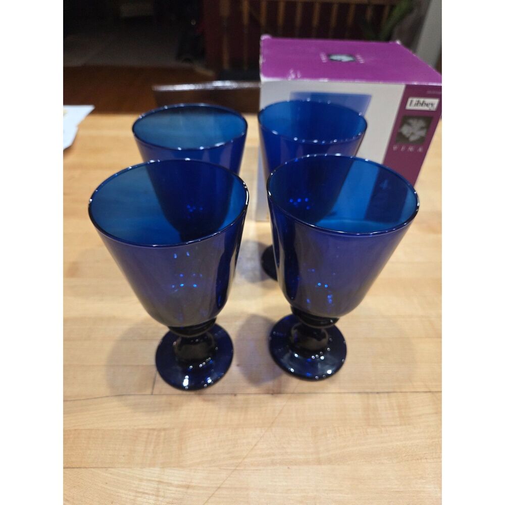 Vintage Libbey Vina Cobalt Blue Glass Goblets 15.5 oz Set of 4 With Box